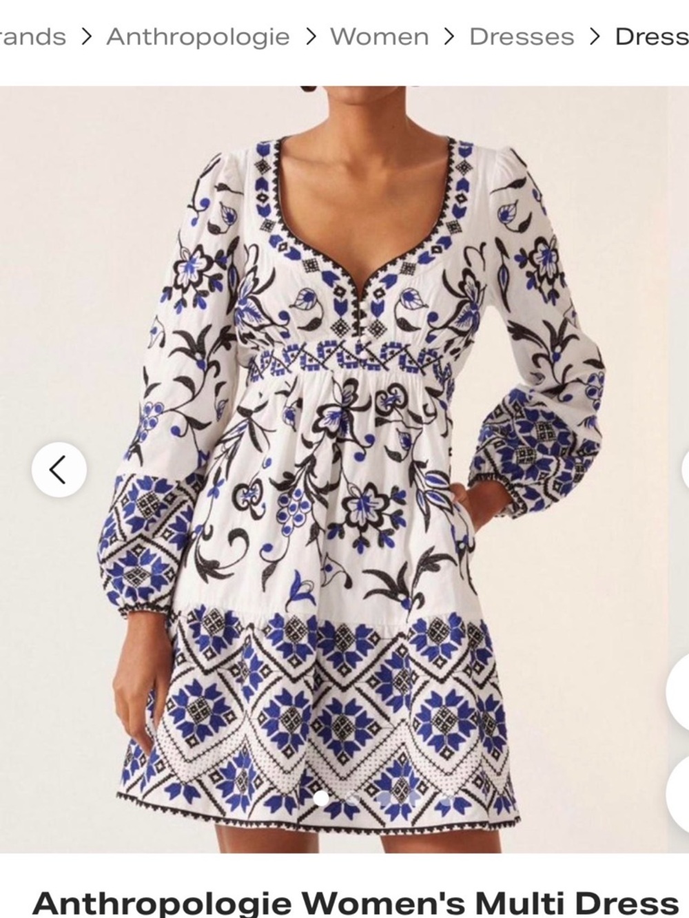 Anthropologie White Dress sweetheart neckline and Blue & Black Floral Embroidery